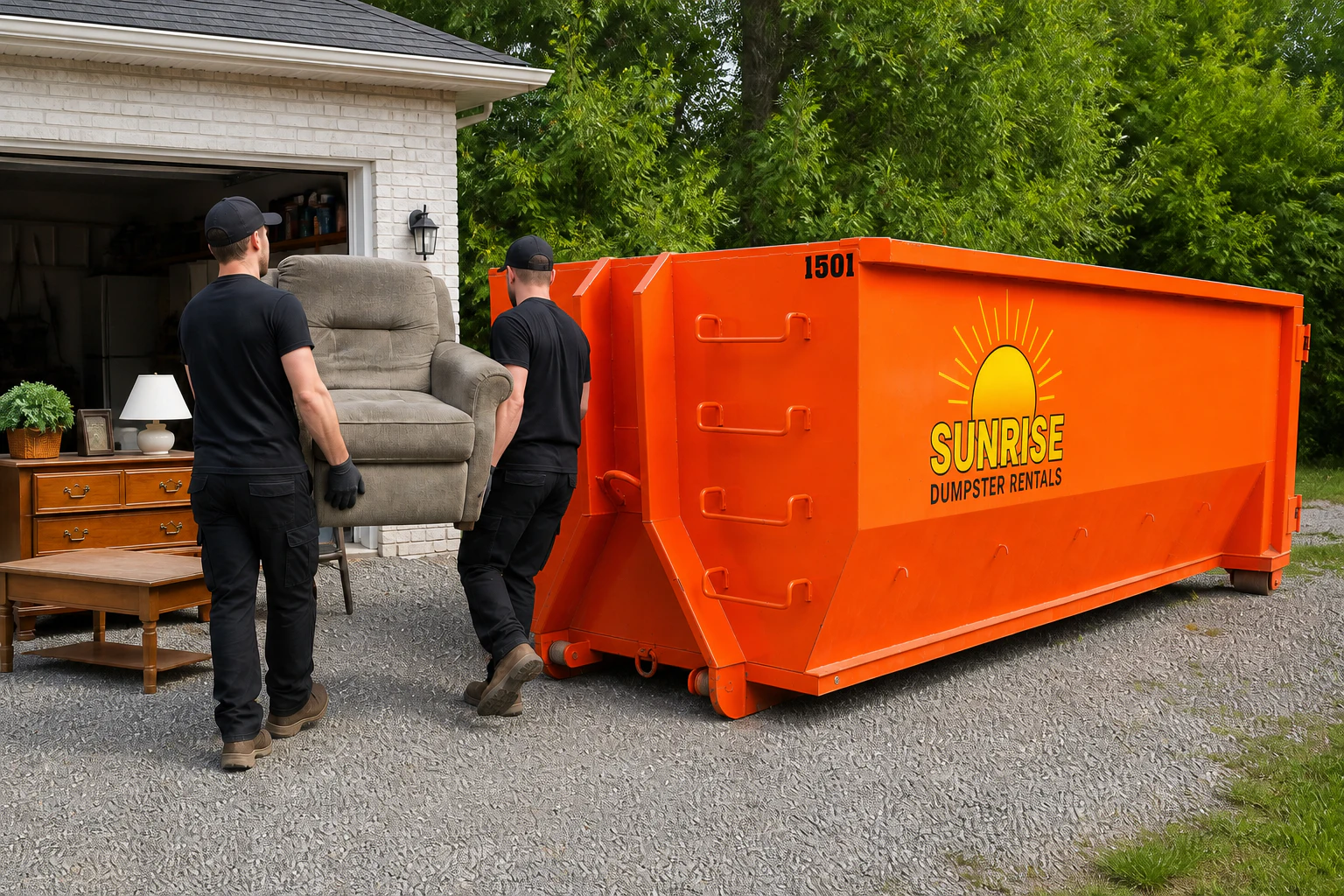 Sunrise junk removal crew carrying an old chair toward an orange roll-off bin